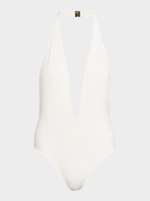 TOM FORD Plunging Halter Jersey One-Piece Swimsuit