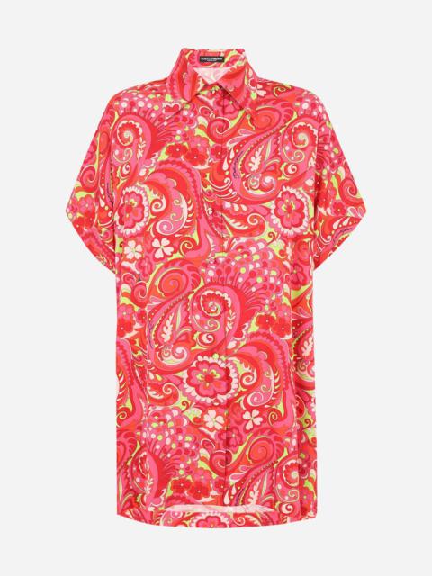 Short-sleeved silk shirt with 60s print