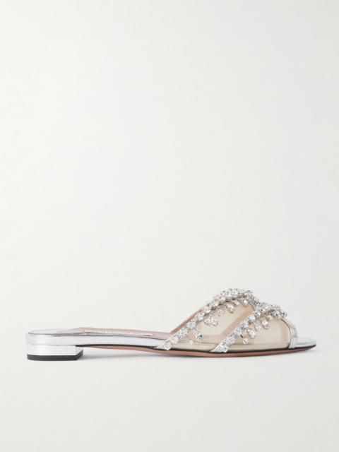 AQUAZZURA Temptation crystal-embellished mesh-trimmed metallic leather slides Silver