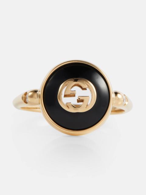 Interlocking G 18kt gold ring with onyx and white diamonds