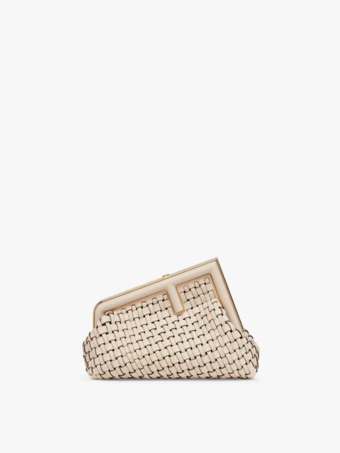 FENDI Small Fendi First bag made of finely braided beige leather, with oversized metal F clasp bound in to