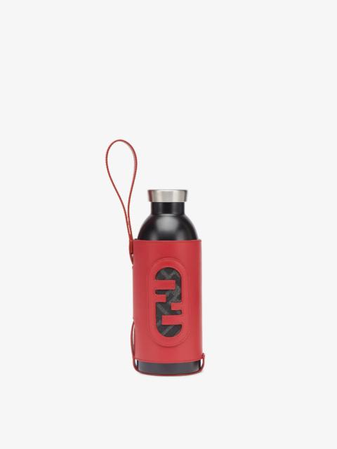 FENDI Thermal flask in black brushed steel, with engraved FENDI ROMA lettering and FF branded lid. Red lea