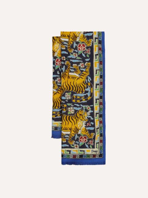 Drake's Blue Jumbo Tiger Print Wool-Silk Scarf