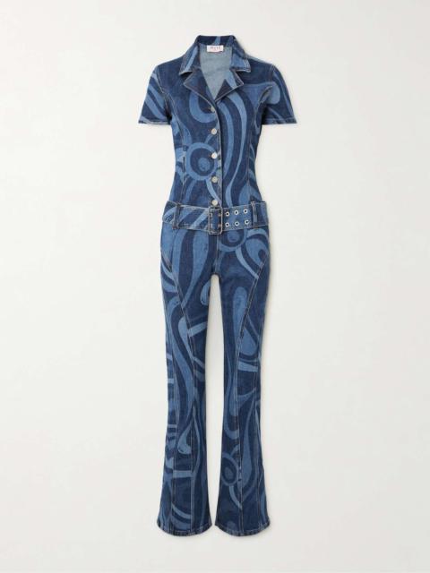 Belted printed denim jumpsuit