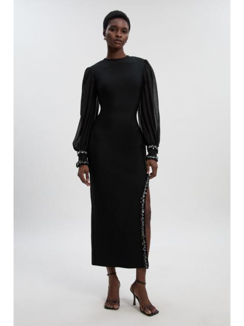 KAREN MILLEN Petite Embellished Figure Form Bandage And Chiffon Sleeve Midi Dress