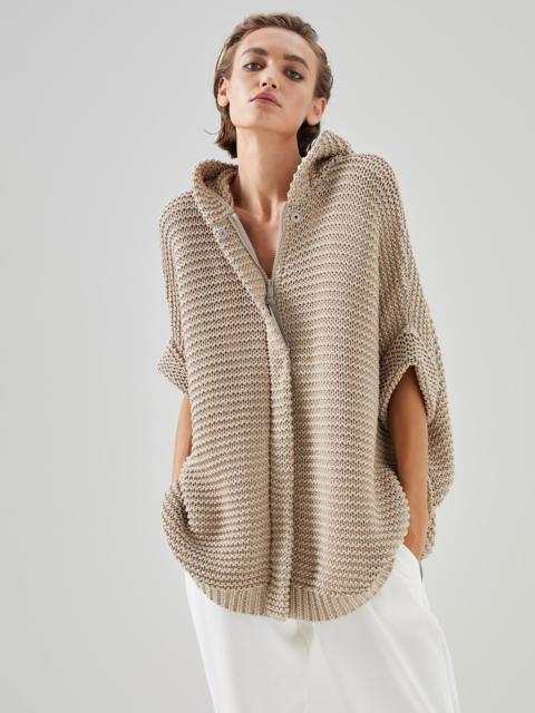 Cotton soft feather yarn link stitch poncho-style cardigan with monili