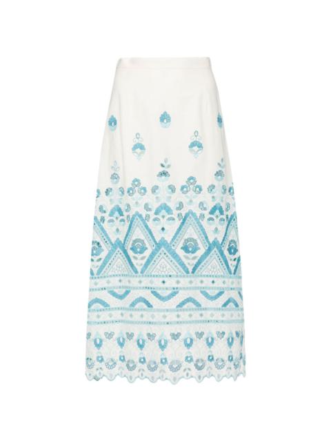 embroidered A-line midi skirt