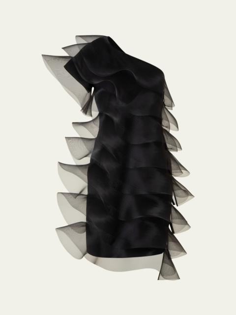 AKRIS Tiered Diagonal Crinoline Ruffles One-Shoulder Mini Dress