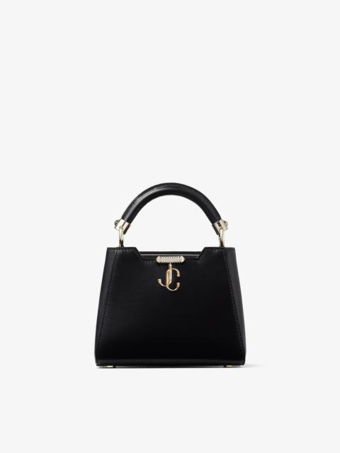 JIMMY CHOO Varenne Top Handle Mini
Black Leather Top Handle Bag with Crystal Bar and JC Emblem