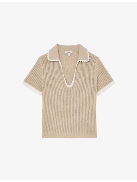 REISS Ottilie Open-Collar Cotton and Linen Top