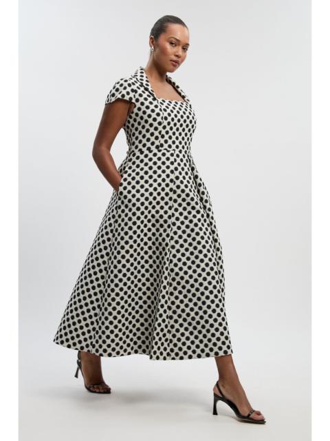 KAREN MILLEN Plus Size Spot Jacquard Square Neck Tailored Full Skirted Midi Dress