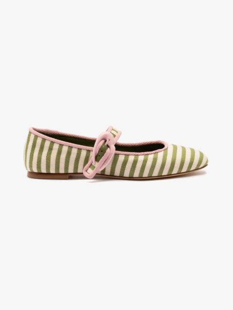 Larroudé Verona Ballet Flat In Seaweed and Natural Striped Fabric and Tulip Trimming