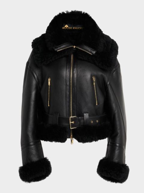 MOOSE KNUCKLES MTD Leather Biker Jacket with Shearling Trim