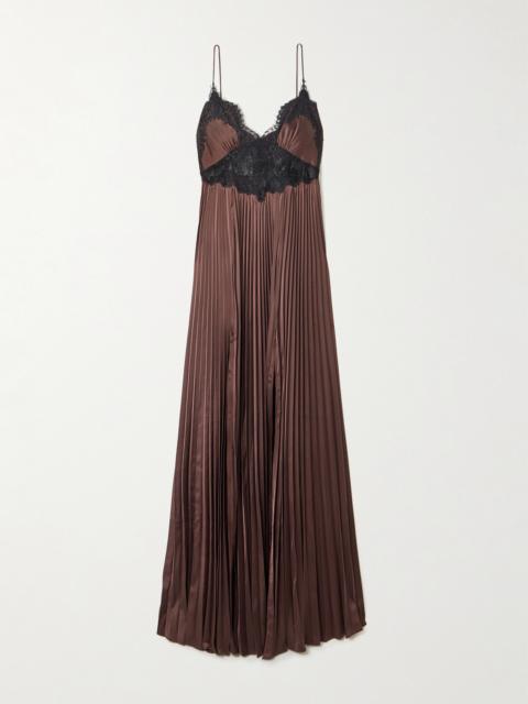 self-portrait Lace-trimmed Plissé-satin Maxi Dress