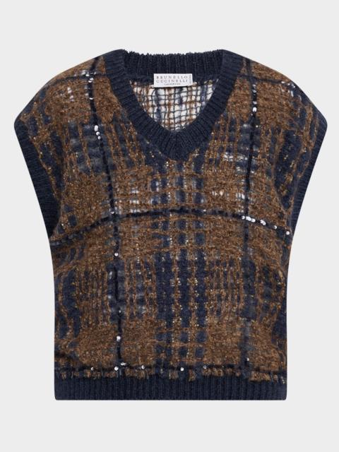 Brunello Cucinelli Paillette Tartan V-Neck Sweater Vest