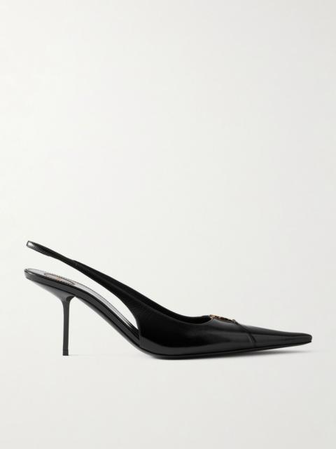 SAINT LAURENT Babylone Cassandre-embellished glossed-leather slingback pumps Black
