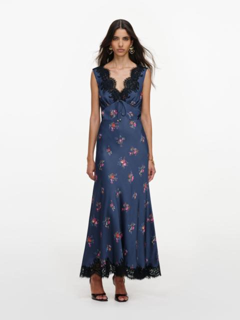 self-portrait Navy Satin Printed Lace Midi Dress