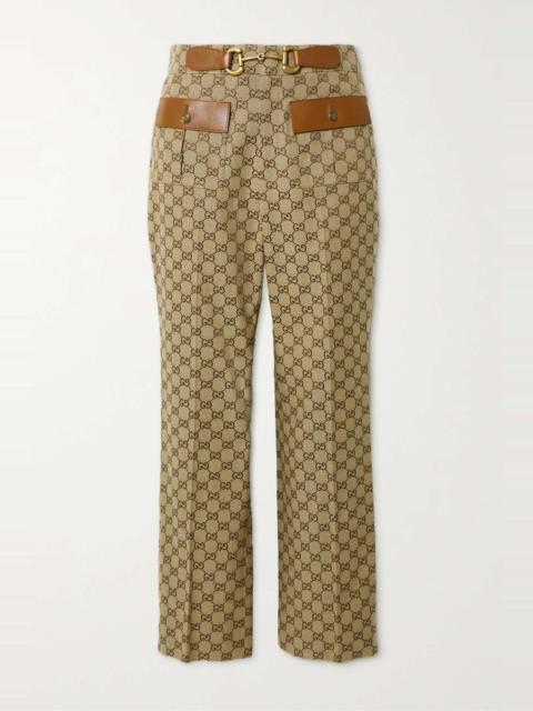 GUCCI Leather-trimmed cotton-blend canvas-jacquard flared pants