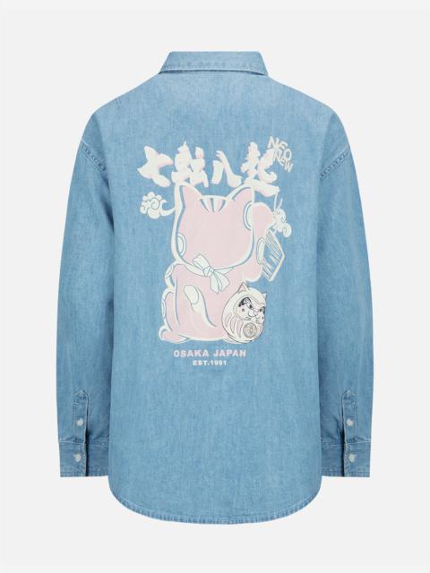 EVISU FORTUNE CAT WITH DARUMA PRINT DENIM SHIRT