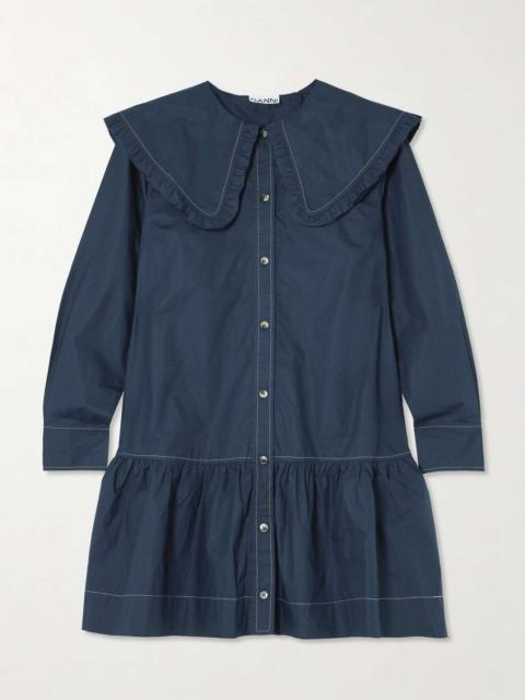 GANNI Ruffled organic cotton-poplin mini shirt dress Navy