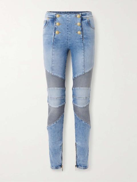 Balmain Embellished paneled high-rise skinny jeans Light denim