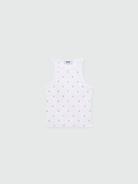MSGM White ribbed cotton jersey top with all-over MWAVE embroidery