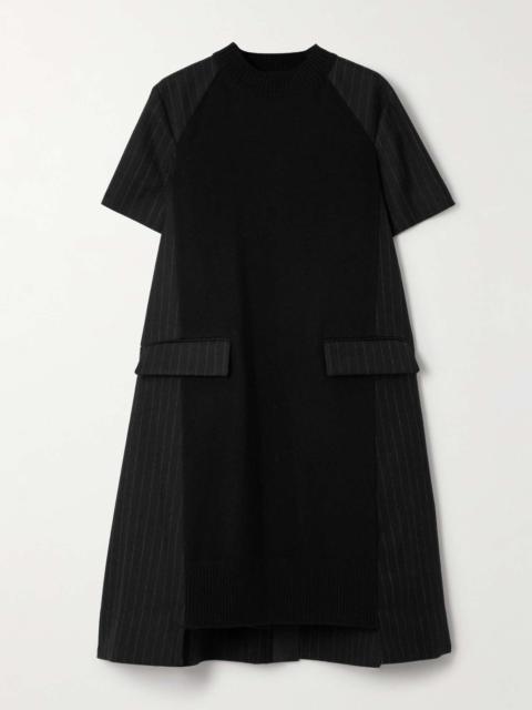 sacai Wool and pinstriped poplin midi dress