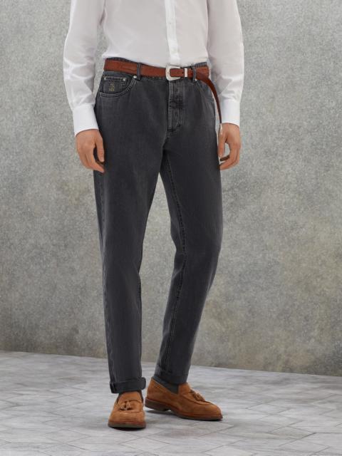 Dark grey denim traditional fit five-pocket trousers
