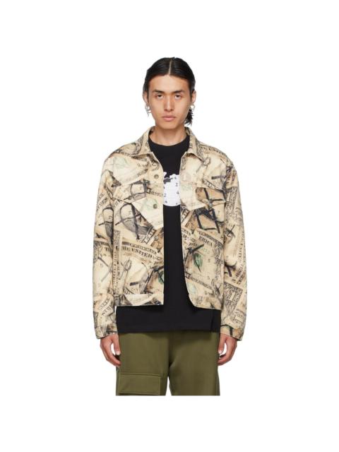 424 Beige Denim Money Print Classic Trucker Jacket