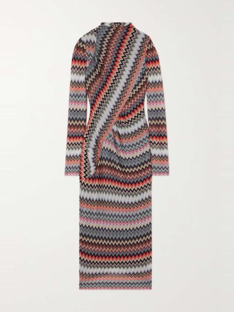 Asymmetric striped cotton-blend crochet-knit midi dress