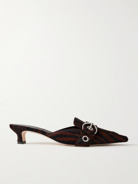 Aeyde Danielle Buckle-embellished Zebra-print Pony Hair Mules