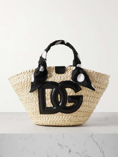 Leather and satin-trimmed raffia tote