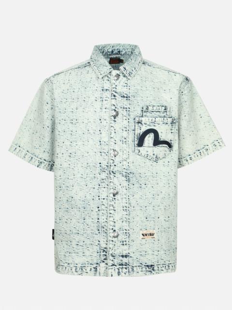 EVISU WASHED ALLOVER KAMON JACQUARD AND SEAGULL EMBROIDERY BOXY DENIM SHIRT