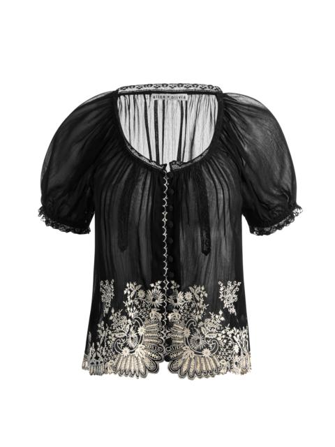 Alice + Olivia ODETTE EMRBOIDERED PUFF SLEEVE TOP - BLACK/VANILLA
