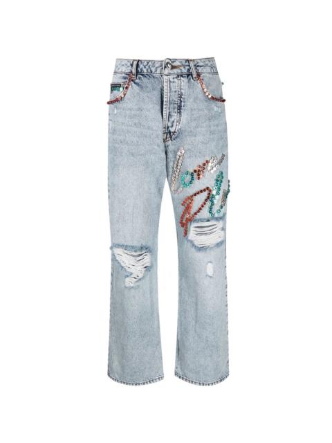 stud-embellished wide-leg jeans