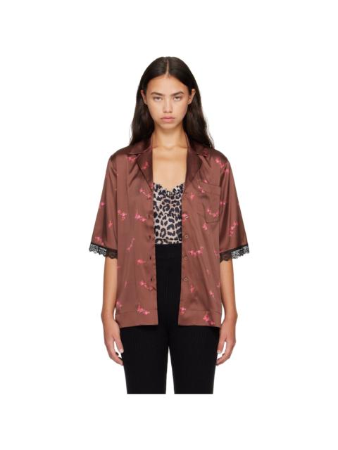 GANNI Brown Printed Sandwashed Silk Satin Bowling Shirt