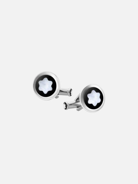 Montblanc Cufflinks, round in stainless steel with black PVD inlay and mother-of-pearl snowcap emblem