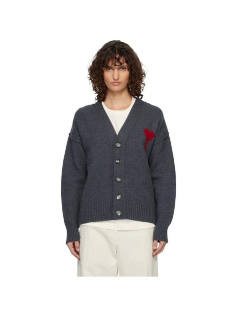 AMI Paris Gray Wool Ami de Coeur Cardigan