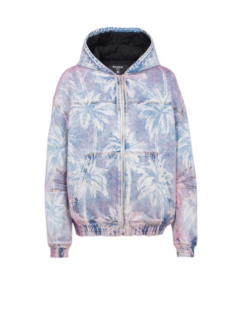 Denim hooded bomber jacket with palm tree print