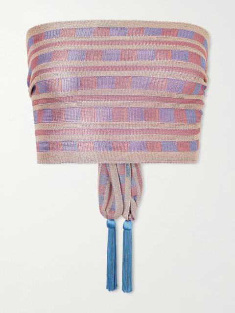 BODE Strapless Tasseled Striped Crocheted Top