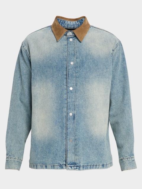 FRAME Men's Suede-Collar Denim Overshirt