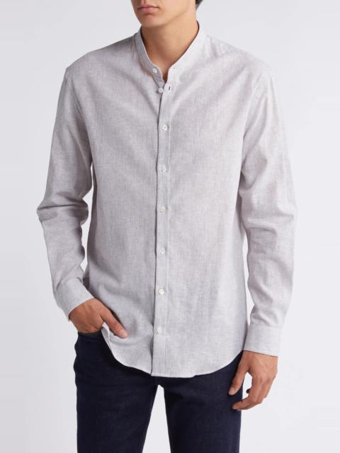 Pinstripe Band Collar Linen & Cotton Button-Up Shirt