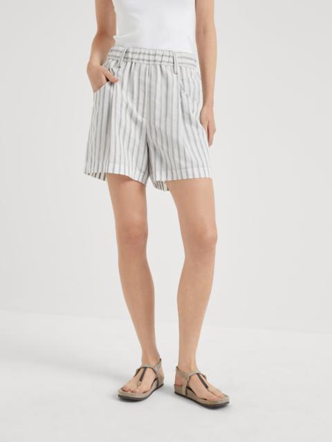 Cotton and silk textured stripe gauze five-pocket shorts with shiny tab