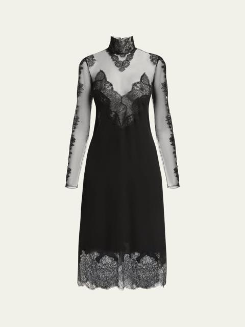 Sheer Lace Mockneck Midi Dress