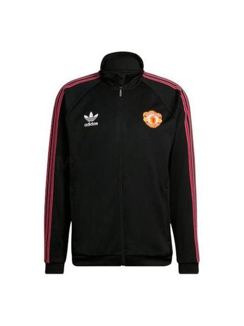 Men's adidas originals SS22 Manchester United Sports Stripe Logo Stand Collar Jacket Black HP0454