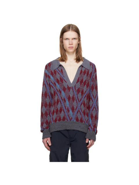 Dries Van Noten Burgundy & Gray Argyle Polo