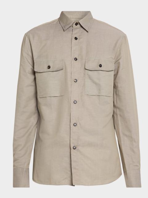 Brioni Men & apos;s Cotton and Linen Flap-Pocket Military Shirt