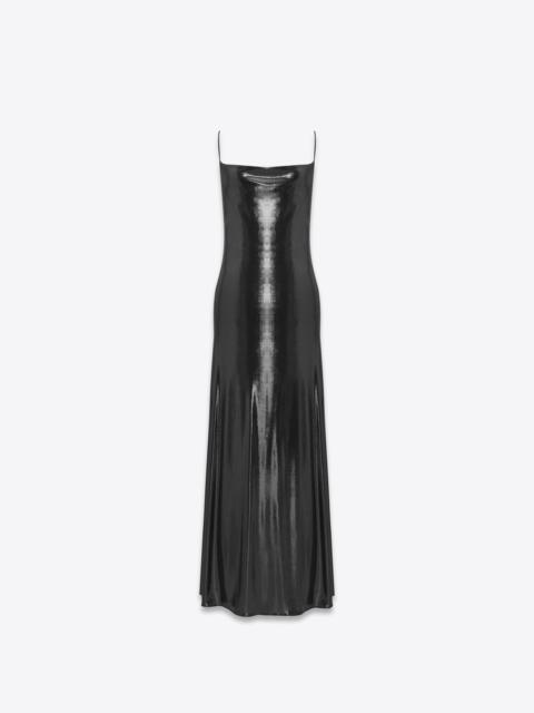 long cowl-back dress in laminated jersey