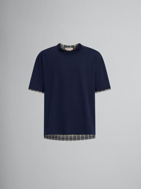 DEEP BLUE BIO COTTON T-SHIRT WITH CHECKED BACK