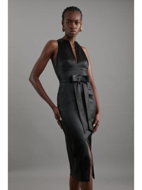 KAREN MILLEN Petite Italian Structured Satin Bow Detail Tailored Midi Dress